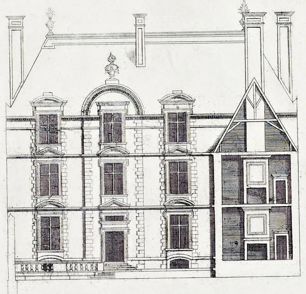 An illustration from The art of fair building: represented in the figures of several uprights of houses, with their ground-plots, fitting for persons of several qualities. Wherein is divided each room and office according to their most convenient occasion, with their heights, depths, lengths, and breadths according to proportion. With rules and directions for the placing of the doors, vvindows, chimnies, beds, stairs, and other conveniencies; with their just measures for the best advantage both of commodiousness, health, strength, and ornament. Also a description of the names and proportions of the members belonging to the framing of the timber-work, with directions and examples for the placing of them, 1670, leaf 118