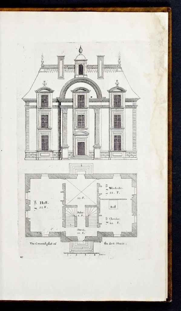 An illustration from The art of fair building: represented in the figures of several uprights of houses, with their ground-plots, fitting for persons of several qualities. Wherein is divided each room and office according to their most convenient occasion, with their heights, depths, lengths, and breadths according to proportion. With rules and directions for the placing of the doors, vvindows, chimnies, beds, stairs, and other conveniencies; with their just measures for the best advantage both of commodiousness, health, strength, and ornament. Also a description of the names and proportions of the members belonging to the framing of the timber-work, with directions and examples for the placing of them, 1670, leaf 122
