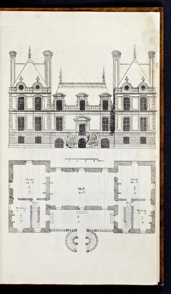 An illustration from The art of fair building: represented in the figures of several uprights of houses, with their ground-plots, fitting for persons of several qualities. Wherein is divided each room and office according to their most convenient occasion, with their heights, depths, lengths, and breadths according to proportion. With rules and directions for the placing of the doors, vvindows, chimnies, beds, stairs, and other conveniencies; with their just measures for the best advantage both of commodiousness, health, strength, and ornament. Also a description of the names and proportions of the members belonging to the framing of the timber-work, with directions and examples for the placing of them, 1670, leaf 124