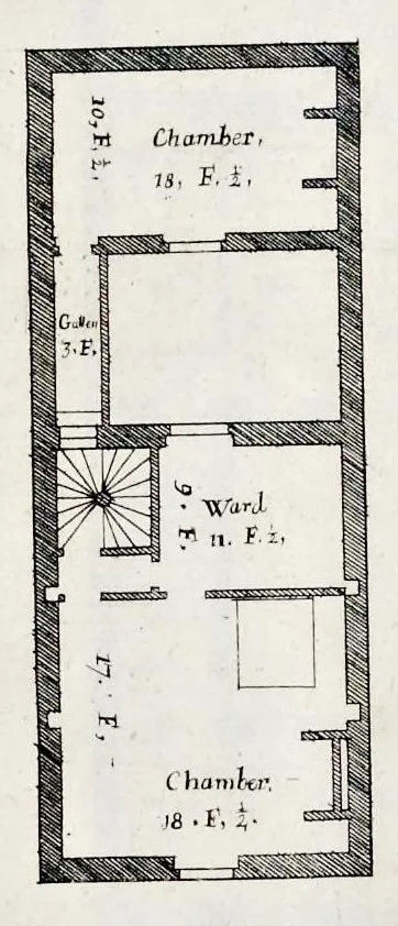 An illustration from The art of fair building: represented in the figures of several uprights of houses, with their ground-plots, fitting for persons of several qualities. Wherein is divided each room and office according to their most convenient occasion, with their heights, depths, lengths, and breadths according to proportion. With rules and directions for the placing of the doors, vvindows, chimnies, beds, stairs, and other conveniencies; with their just measures for the best advantage both of commodiousness, health, strength, and ornament. Also a description of the names and proportions of the members belonging to the framing of the timber-work, with directions and examples for the placing of them, 1670, leaf 26