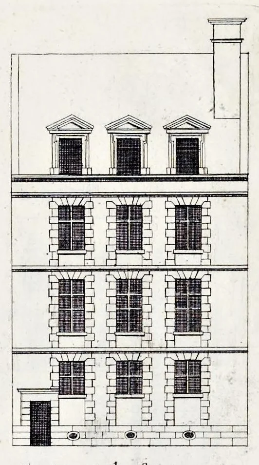 An illustration from The art of fair building: represented in the figures of several uprights of houses, with their ground-plots, fitting for persons of several qualities. Wherein is divided each room and office according to their most convenient occasion, with their heights, depths, lengths, and breadths according to proportion. With rules and directions for the placing of the doors, vvindows, chimnies, beds, stairs, and other conveniencies; with their just measures for the best advantage both of commodiousness, health, strength, and ornament. Also a description of the names and proportions of the members belonging to the framing of the timber-work, with directions and examples for the placing of them, 1670, leaf 30