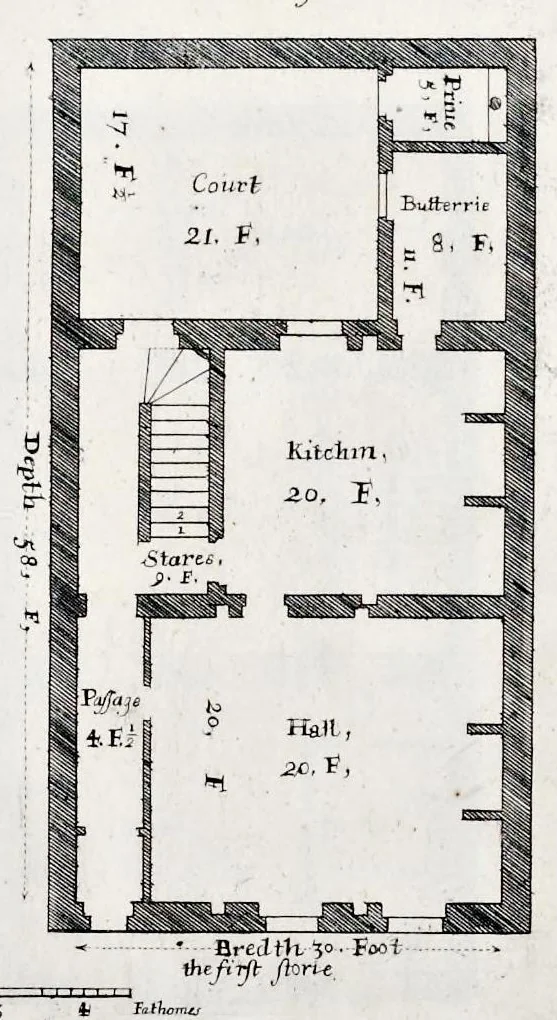 An illustration from The art of fair building: represented in the figures of several uprights of houses, with their ground-plots, fitting for persons of several qualities. Wherein is divided each room and office according to their most convenient occasion, with their heights, depths, lengths, and breadths according to proportion. With rules and directions for the placing of the doors, vvindows, chimnies, beds, stairs, and other conveniencies; with their just measures for the best advantage both of commodiousness, health, strength, and ornament. Also a description of the names and proportions of the members belonging to the framing of the timber-work, with directions and examples for the placing of them, 1670, leaf 30