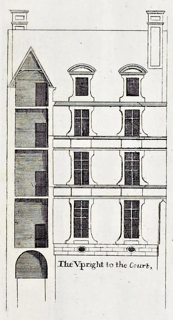 An illustration from The art of fair building: represented in the figures of several uprights of houses, with their ground-plots, fitting for persons of several qualities. Wherein is divided each room and office according to their most convenient occasion, with their heights, depths, lengths, and breadths according to proportion. With rules and directions for the placing of the doors, vvindows, chimnies, beds, stairs, and other conveniencies; with their just measures for the best advantage both of commodiousness, health, strength, and ornament. Also a description of the names and proportions of the members belonging to the framing of the timber-work, with directions and examples for the placing of them, 1670, leaf 38