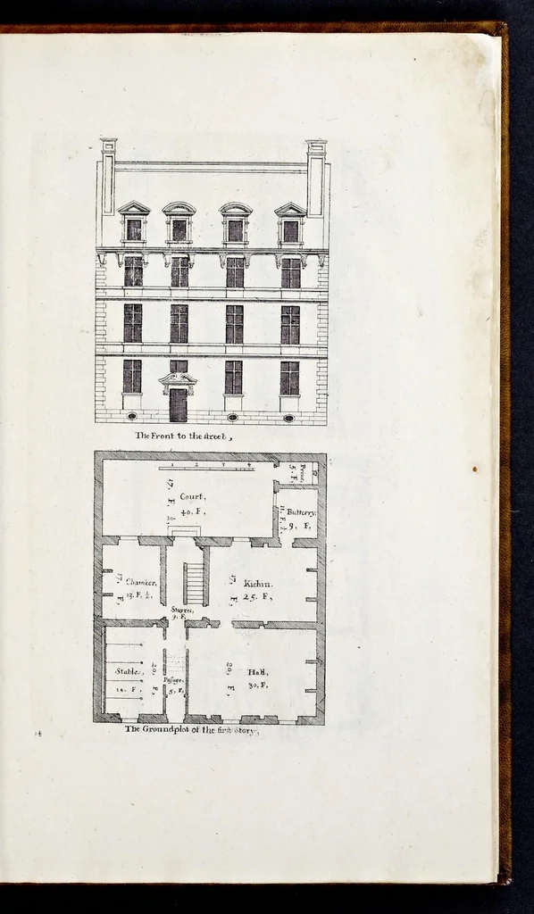 An illustration from The art of fair building: represented in the figures of several uprights of houses, with their ground-plots, fitting for persons of several qualities. Wherein is divided each room and office according to their most convenient occasion, with their heights, depths, lengths, and breadths according to proportion. With rules and directions for the placing of the doors, vvindows, chimnies, beds, stairs, and other conveniencies; with their just measures for the best advantage both of commodiousness, health, strength, and ornament. Also a description of the names and proportions of the members belonging to the framing of the timber-work, with directions and examples for the placing of them, 1670, leaf 46