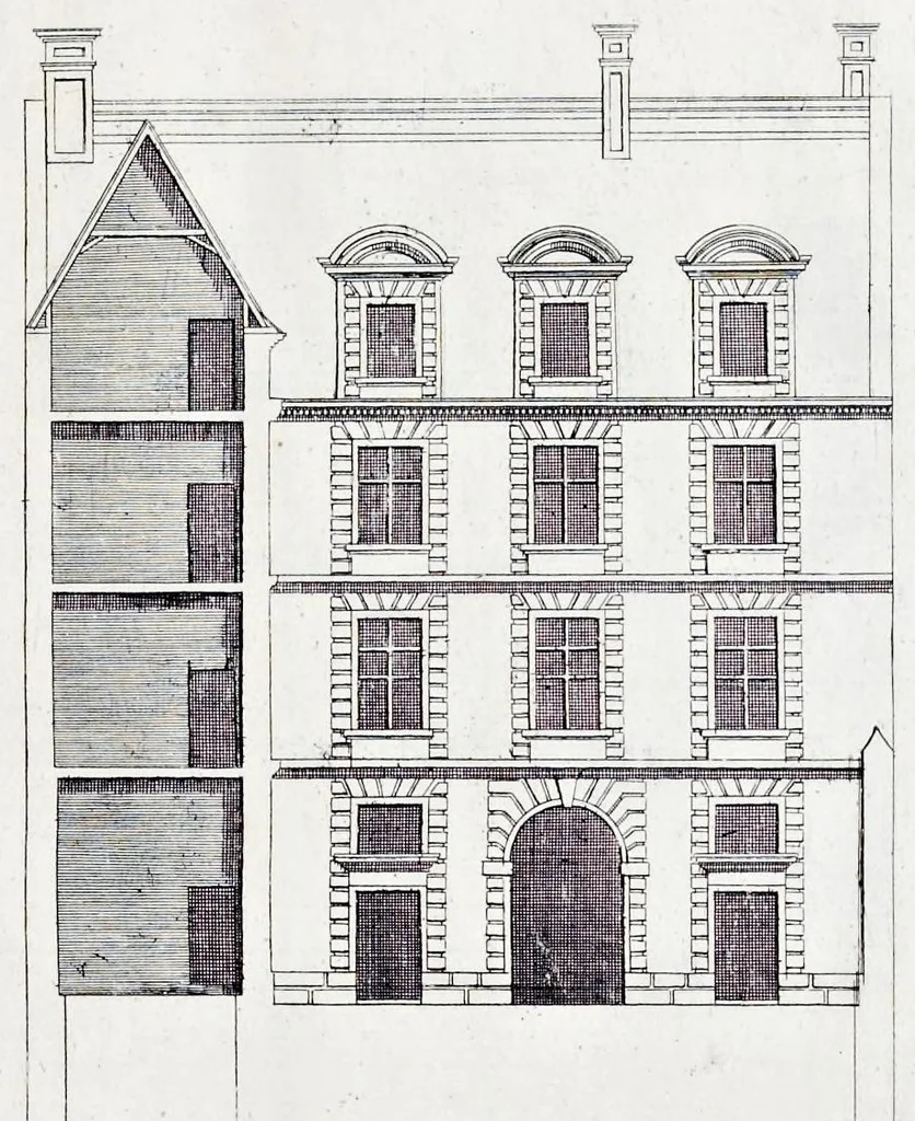 An illustration from The art of fair building: represented in the figures of several uprights of houses, with their ground-plots, fitting for persons of several qualities. Wherein is divided each room and office according to their most convenient occasion, with their heights, depths, lengths, and breadths according to proportion. With rules and directions for the placing of the doors, vvindows, chimnies, beds, stairs, and other conveniencies; with their just measures for the best advantage both of commodiousness, health, strength, and ornament. Also a description of the names and proportions of the members belonging to the framing of the timber-work, with directions and examples for the placing of them, 1670, leaf 60