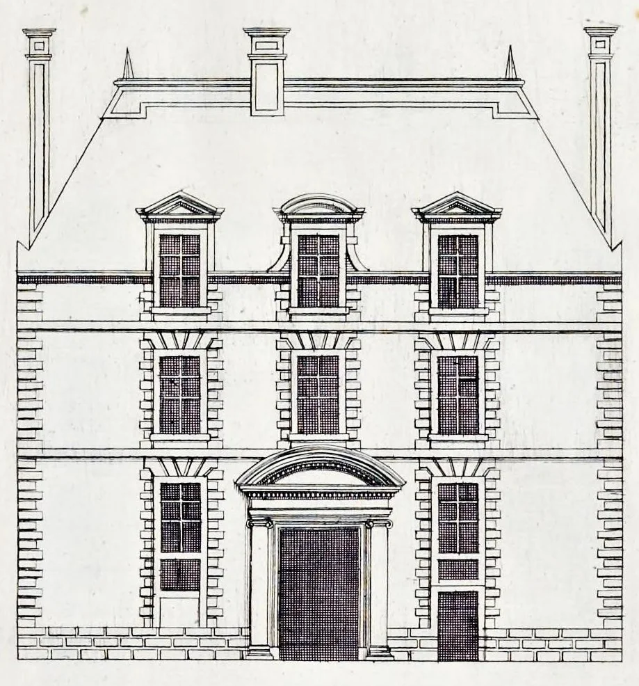 An illustration from The art of fair building: represented in the figures of several uprights of houses, with their ground-plots, fitting for persons of several qualities. Wherein is divided each room and office according to their most convenient occasion, with their heights, depths, lengths, and breadths according to proportion. With rules and directions for the placing of the doors, vvindows, chimnies, beds, stairs, and other conveniencies; with their just measures for the best advantage both of commodiousness, health, strength, and ornament. Also a description of the names and proportions of the members belonging to the framing of the timber-work, with directions and examples for the placing of them, 1670, leaf 70