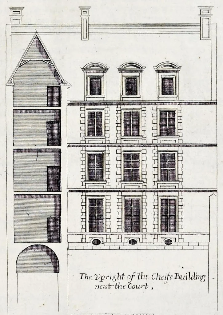 An illustration from The art of fair building: represented in the figures of several uprights of houses, with their ground-plots, fitting for persons of several qualities. Wherein is divided each room and office according to their most convenient occasion, with their heights, depths, lengths, and breadths according to proportion. With rules and directions for the placing of the doors, vvindows, chimnies, beds, stairs, and other conveniencies; with their just measures for the best advantage both of commodiousness, health, strength, and ornament. Also a description of the names and proportions of the members belonging to the framing of the timber-work, with directions and examples for the placing of them, 1670, leaf 92