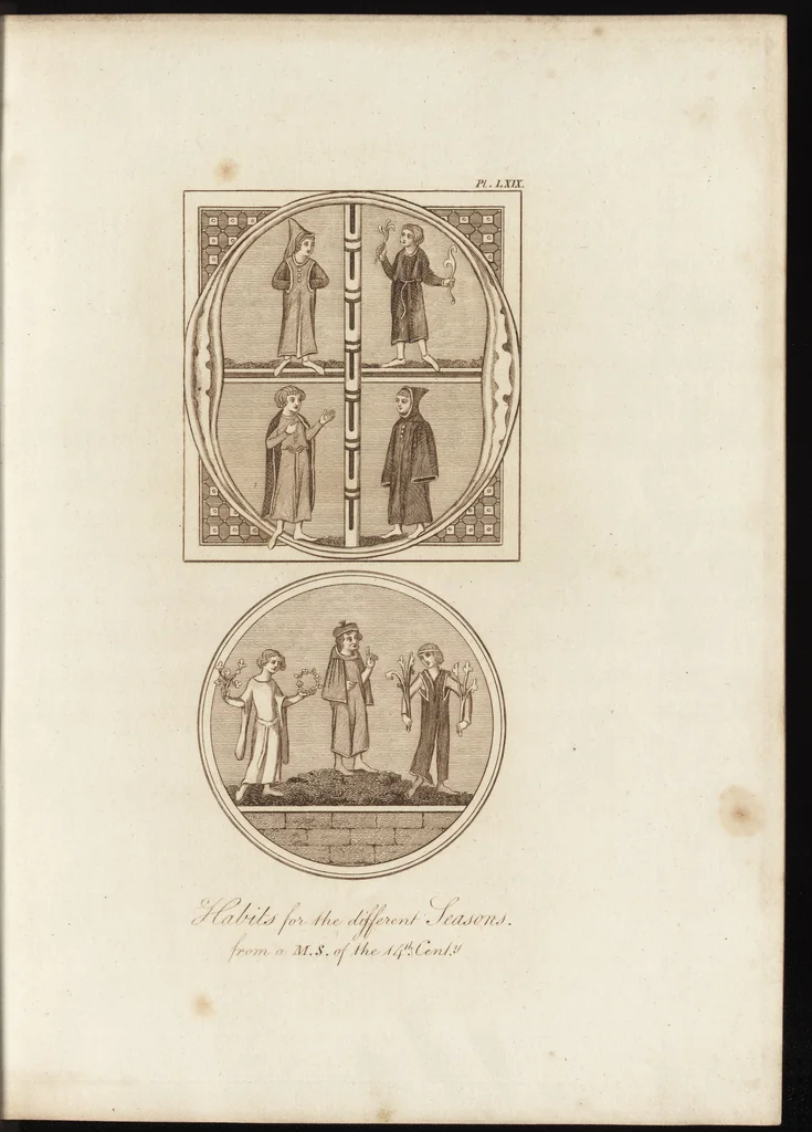 An illustration from A complete view of the dress and habits of the people of England : from the establishment of the Saxons in Britain to the present time , illustrated by engravings taken from the most authentic remains of antiquity : to which is prefixed an introduction, containing a general description of the ancient habits in use among mankind, from the earliest period of time to the conclusion of the seventh century, 1796, leaf 326