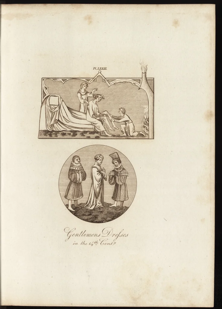 An illustration from A complete view of the dress and habits of the people of England : from the establishment of the Saxons in Britain to the present time , illustrated by engravings taken from the most authentic remains of antiquity : to which is prefixed an introduction, containing a general description of the ancient habits in use among mankind, from the earliest period of time to the conclusion of the seventh century, 1796, leaf 334