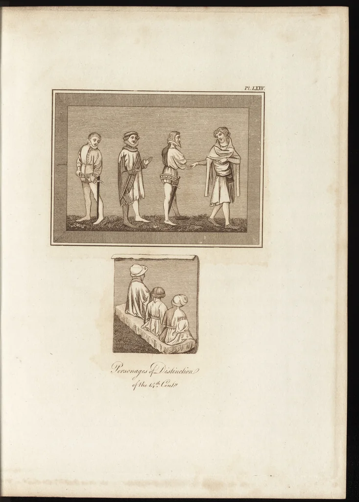 An illustration from A complete view of the dress and habits of the people of England : from the establishment of the Saxons in Britain to the present time , illustrated by engravings taken from the most authentic remains of antiquity : to which is prefixed an introduction, containing a general description of the ancient habits in use among mankind, from the earliest period of time to the conclusion of the seventh century, 1796, leaf 338