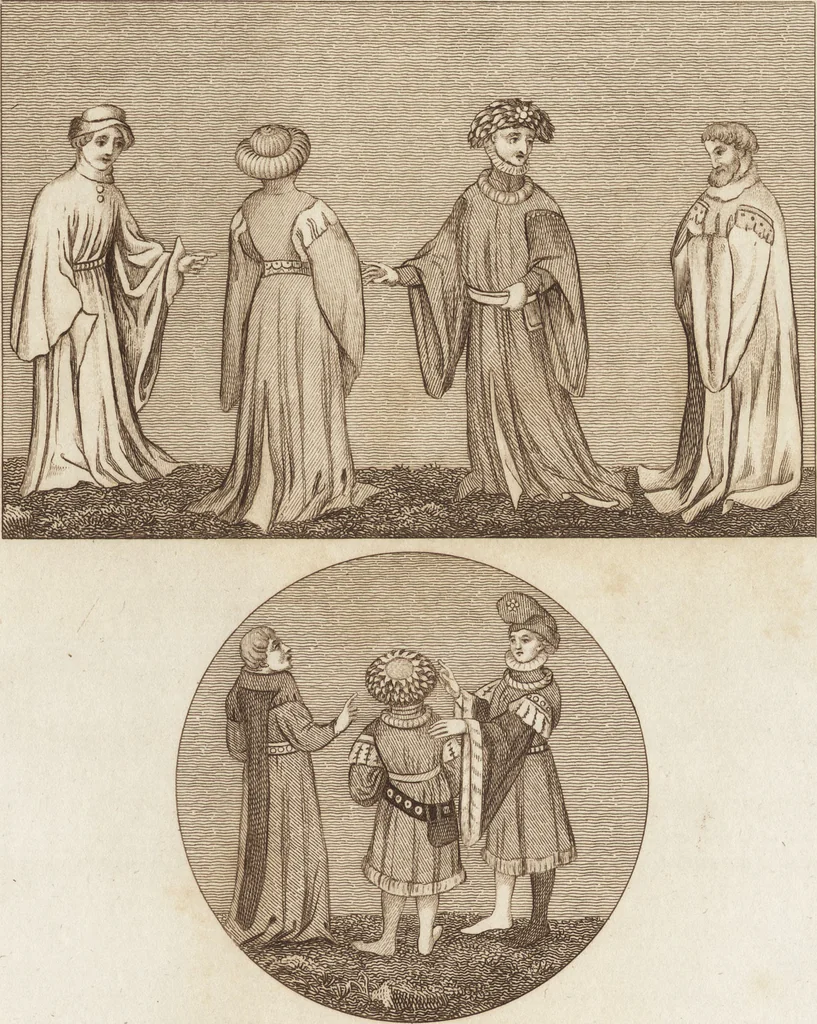 An illustration from A complete view of the dress and habits of the people of England : from the establishment of the Saxons in Britain to the present time , illustrated by engravings taken from the most authentic remains of antiquity : to which is prefixed an introduction, containing a general description of the ancient habits in use among mankind, from the earliest period of time to the conclusion of the seventh century, 1796, leaf 344
