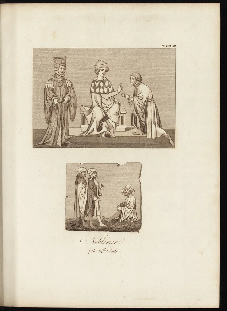 An illustration from A complete view of the dress and habits of the people of England : from the establishment of the Saxons in Britain to the present time , illustrated by engravings taken from the most authentic remains of antiquity : to which is prefixed an introduction, containing a general description of the ancient habits in use among mankind, from the earliest period of time to the conclusion of the seventh century, 1796, leaf 346