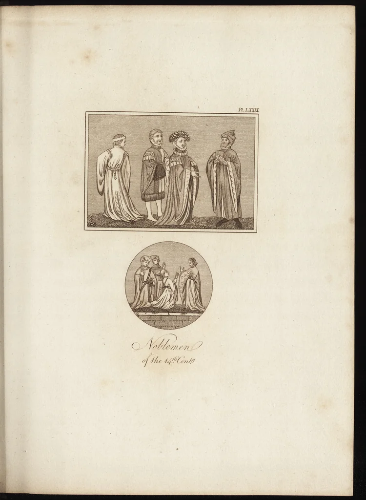 An illustration from A complete view of the dress and habits of the people of England : from the establishment of the Saxons in Britain to the present time , illustrated by engravings taken from the most authentic remains of antiquity : to which is prefixed an introduction, containing a general description of the ancient habits in use among mankind, from the earliest period of time to the conclusion of the seventh century, 1796, leaf 348