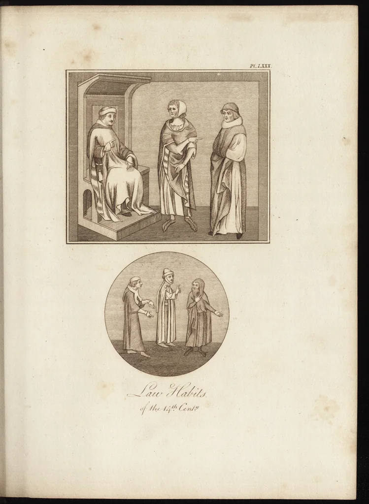An illustration from A complete view of the dress and habits of the people of England : from the establishment of the Saxons in Britain to the present time , illustrated by engravings taken from the most authentic remains of antiquity : to which is prefixed an introduction, containing a general description of the ancient habits in use among mankind, from the earliest period of time to the conclusion of the seventh century, 1796, leaf 350