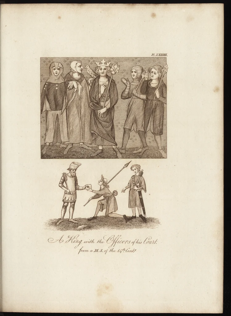An illustration from A complete view of the dress and habits of the people of England : from the establishment of the Saxons in Britain to the present time , illustrated by engravings taken from the most authentic remains of antiquity : to which is prefixed an introduction, containing a general description of the ancient habits in use among mankind, from the earliest period of time to the conclusion of the seventh century, 1796, leaf 356