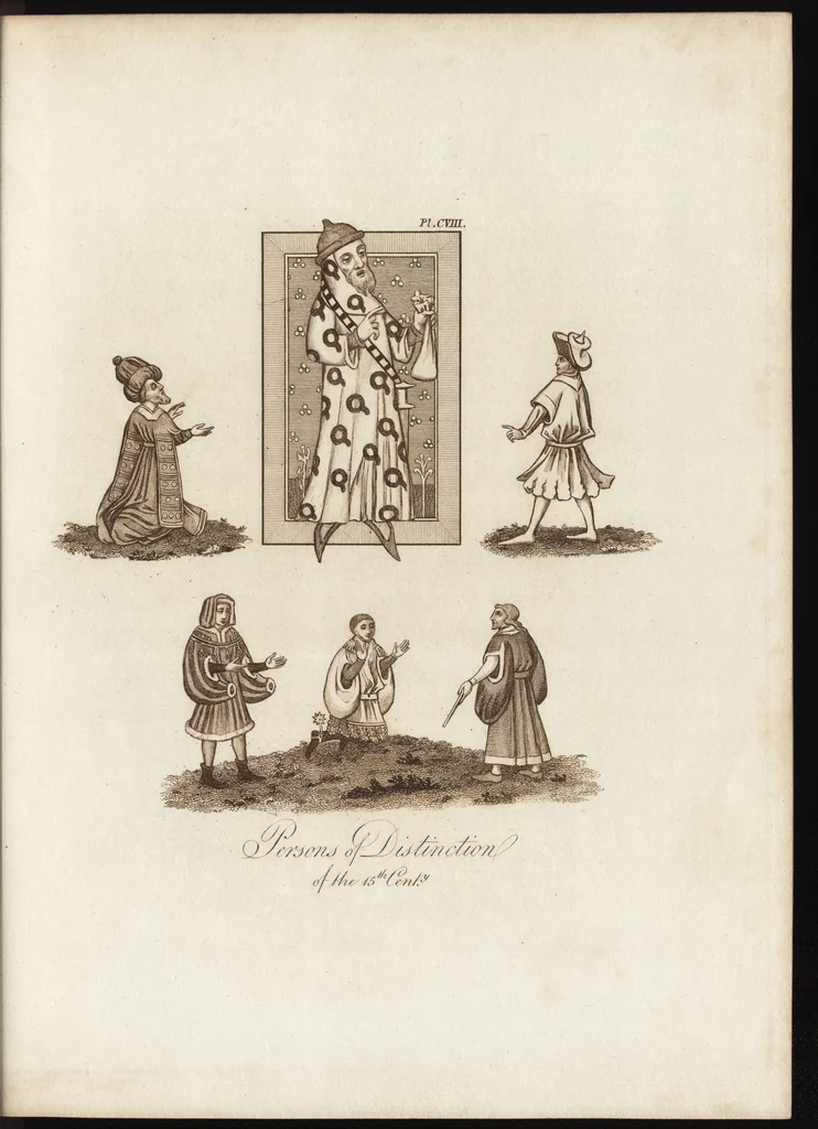 An illustration from A complete view of the dress and habits of the people of England : from the establishment of the Saxons in Britain to the present time , illustrated by engravings taken from the most authentic remains of antiquity : to which is prefixed an introduction, containing a general description of the ancient habits in use among mankind, from the earliest period of time to the conclusion of the seventh century, 1796, leaf 406