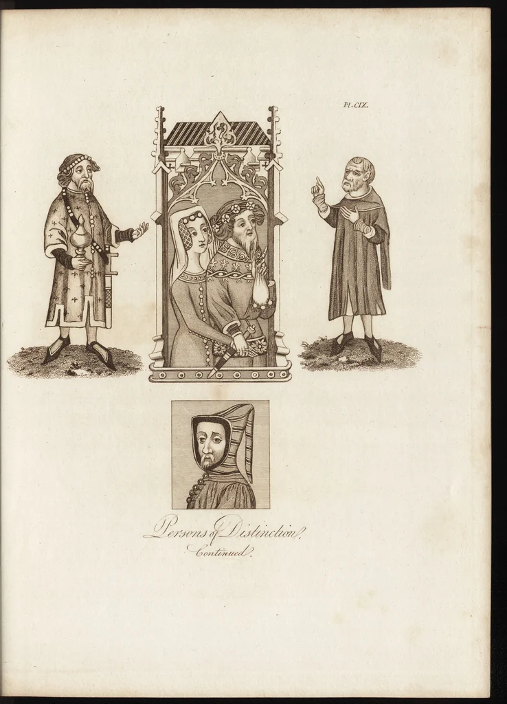 An illustration from A complete view of the dress and habits of the people of England : from the establishment of the Saxons in Britain to the present time , illustrated by engravings taken from the most authentic remains of antiquity : to which is prefixed an introduction, containing a general description of the ancient habits in use among mankind, from the earliest period of time to the conclusion of the seventh century, 1796, leaf 408