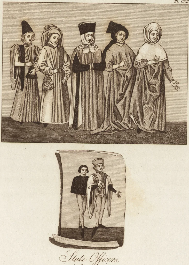 An illustration from A complete view of the dress and habits of the people of England : from the establishment of the Saxons in Britain to the present time , illustrated by engravings taken from the most authentic remains of antiquity : to which is prefixed an introduction, containing a general description of the ancient habits in use among mankind, from the earliest period of time to the conclusion of the seventh century, 1796, leaf 414