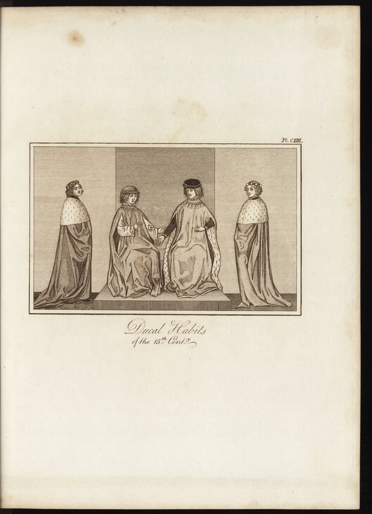 An illustration from A complete view of the dress and habits of the people of England : from the establishment of the Saxons in Britain to the present time , illustrated by engravings taken from the most authentic remains of antiquity : to which is prefixed an introduction, containing a general description of the ancient habits in use among mankind, from the earliest period of time to the conclusion of the seventh century, 1796, leaf 416