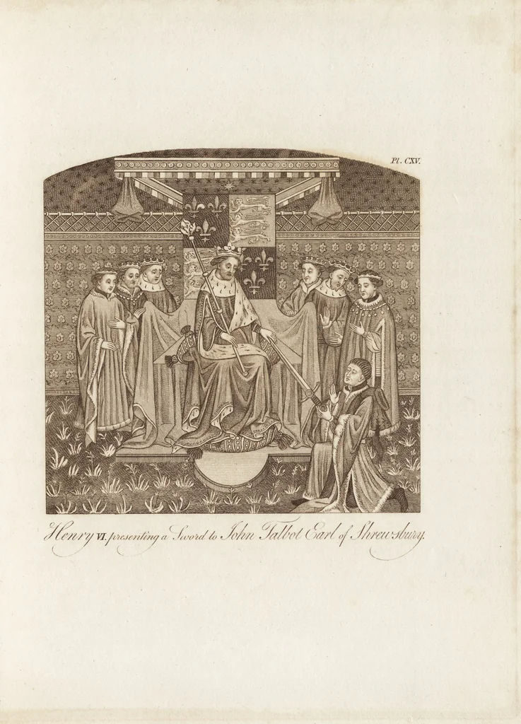 An illustration from A complete view of the dress and habits of the people of England : from the establishment of the Saxons in Britain to the present time , illustrated by engravings taken from the most authentic remains of antiquity : to which is prefixed an introduction, containing a general description of the ancient habits in use among mankind, from the earliest period of time to the conclusion of the seventh century, 1796, leaf 420