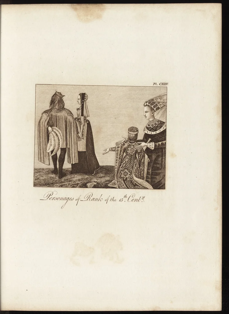 An illustration from A complete view of the dress and habits of the people of England : from the establishment of the Saxons in Britain to the present time , illustrated by engravings taken from the most authentic remains of antiquity : to which is prefixed an introduction, containing a general description of the ancient habits in use among mankind, from the earliest period of time to the conclusion of the seventh century, 1796, leaf 438