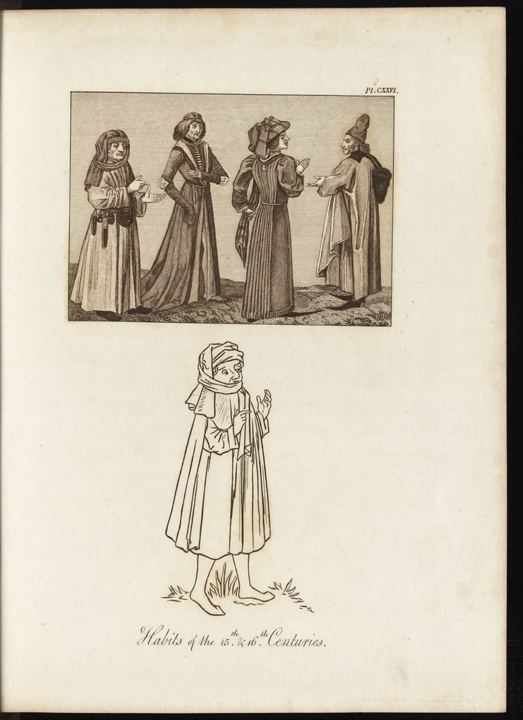 An illustration from A complete view of the dress and habits of the people of England : from the establishment of the Saxons in Britain to the present time , illustrated by engravings taken from the most authentic remains of antiquity : to which is prefixed an introduction, containing a general description of the ancient habits in use among mankind, from the earliest period of time to the conclusion of the seventh century, 1796, leaf 442