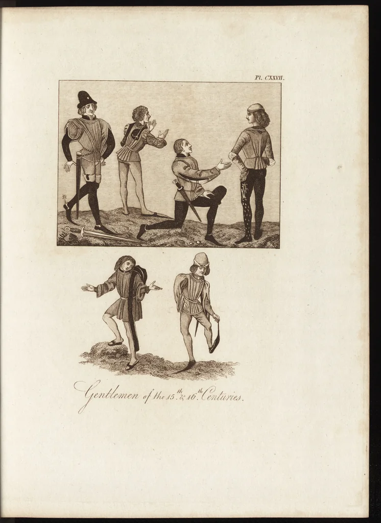 An illustration from A complete view of the dress and habits of the people of England : from the establishment of the Saxons in Britain to the present time , illustrated by engravings taken from the most authentic remains of antiquity : to which is prefixed an introduction, containing a general description of the ancient habits in use among mankind, from the earliest period of time to the conclusion of the seventh century, 1796, leaf 444