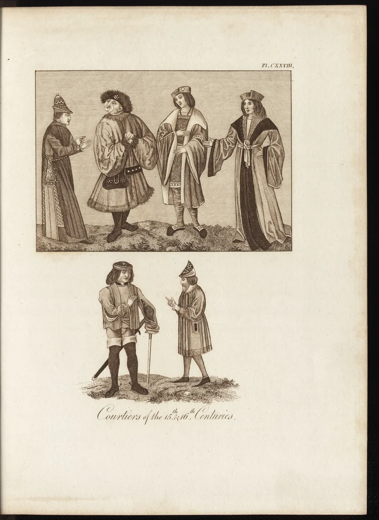 An illustration from A complete view of the dress and habits of the people of England : from the establishment of the Saxons in Britain to the present time , illustrated by engravings taken from the most authentic remains of antiquity : to which is prefixed an introduction, containing a general description of the ancient habits in use among mankind, from the earliest period of time to the conclusion of the seventh century, 1796, leaf 446
