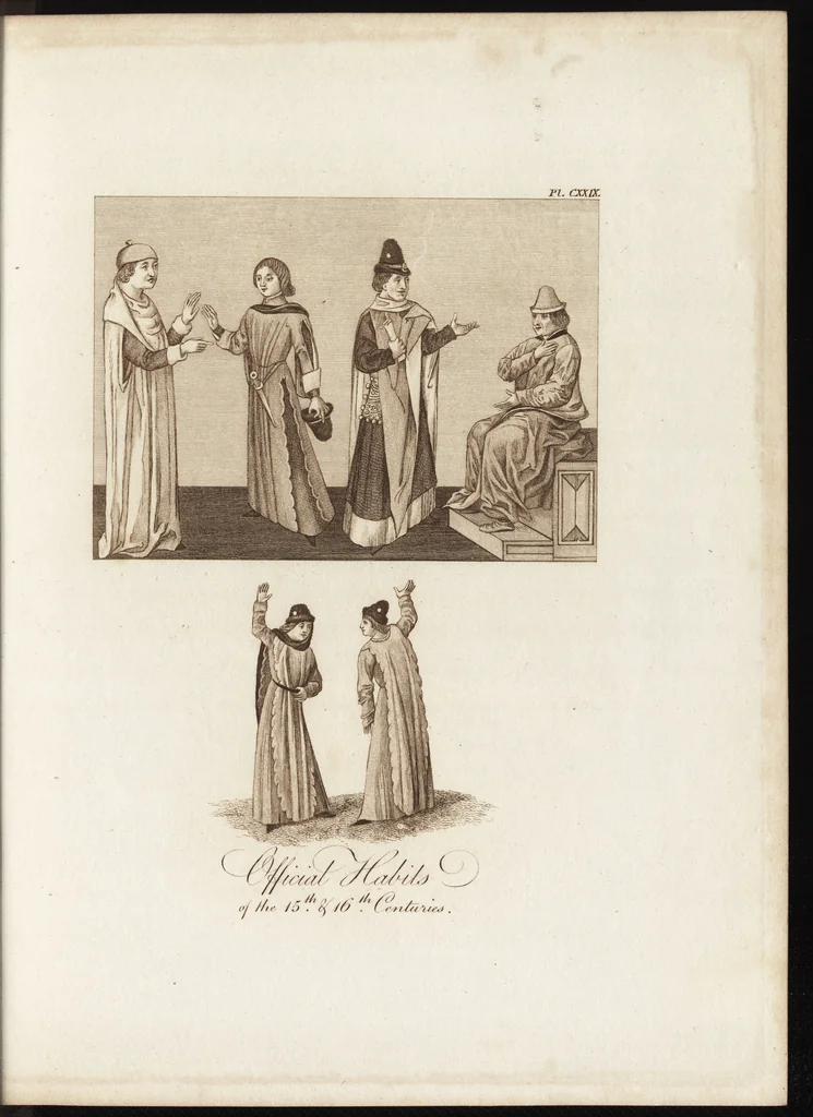 An illustration from A complete view of the dress and habits of the people of England : from the establishment of the Saxons in Britain to the present time , illustrated by engravings taken from the most authentic remains of antiquity : to which is prefixed an introduction, containing a general description of the ancient habits in use among mankind, from the earliest period of time to the conclusion of the seventh century, 1796, leaf 448