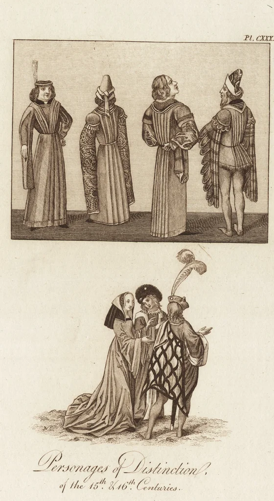 An illustration from A complete view of the dress and habits of the people of England : from the establishment of the Saxons in Britain to the present time , illustrated by engravings taken from the most authentic remains of antiquity : to which is prefixed an introduction, containing a general description of the ancient habits in use among mankind, from the earliest period of time to the conclusion of the seventh century, 1796, leaf 450