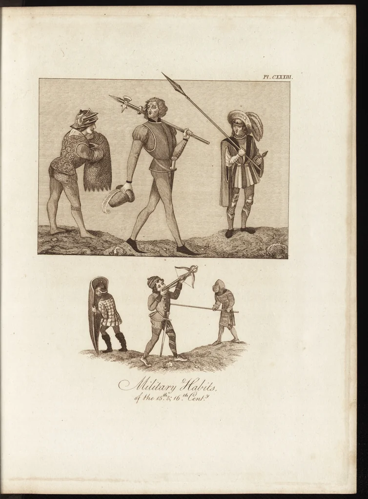 An illustration from A complete view of the dress and habits of the people of England : from the establishment of the Saxons in Britain to the present time , illustrated by engravings taken from the most authentic remains of antiquity : to which is prefixed an introduction, containing a general description of the ancient habits in use among mankind, from the earliest period of time to the conclusion of the seventh century, 1796, leaf 456