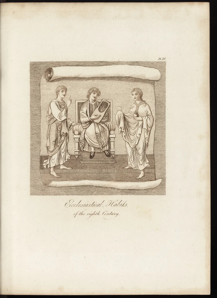 An illustration from A complete view of the dress and habits of the people of England : from the establishment of the Saxons in Britain to the present time , illustrated by engravings taken from the most authentic remains of antiquity : to which is prefixed an introduction, containing a general description of the ancient habits in use among mankind, from the earliest period of time to the conclusion of the seventh century, 1796, leaf 276