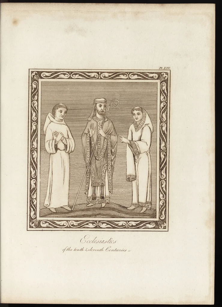 An illustration from A complete view of the dress and habits of the people of England : from the establishment of the Saxons in Britain to the present time , illustrated by engravings taken from the most authentic remains of antiquity : to which is prefixed an introduction, containing a general description of the ancient habits in use among mankind, from the earliest period of time to the conclusion of the seventh century, 1796, leaf 296