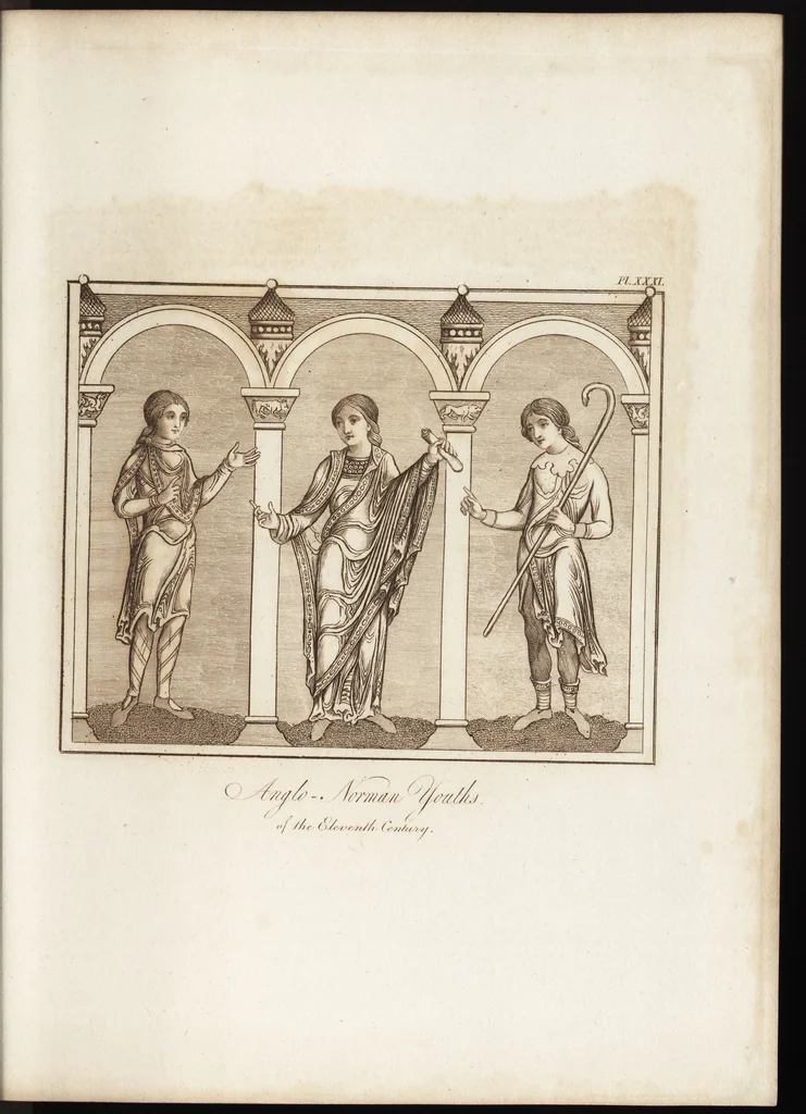 An illustration from A complete view of the dress and habits of the people of England : from the establishment of the Saxons in Britain to the present time , illustrated by engravings taken from the most authentic remains of antiquity : to which is prefixed an introduction, containing a general description of the ancient habits in use among mankind, from the earliest period of time to the conclusion of the seventh century, 1796, leaf 308
