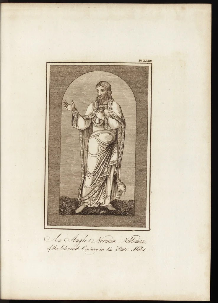 An illustration from A complete view of the dress and habits of the people of England : from the establishment of the Saxons in Britain to the present time , illustrated by engravings taken from the most authentic remains of antiquity : to which is prefixed an introduction, containing a general description of the ancient habits in use among mankind, from the earliest period of time to the conclusion of the seventh century, 1796, leaf 312