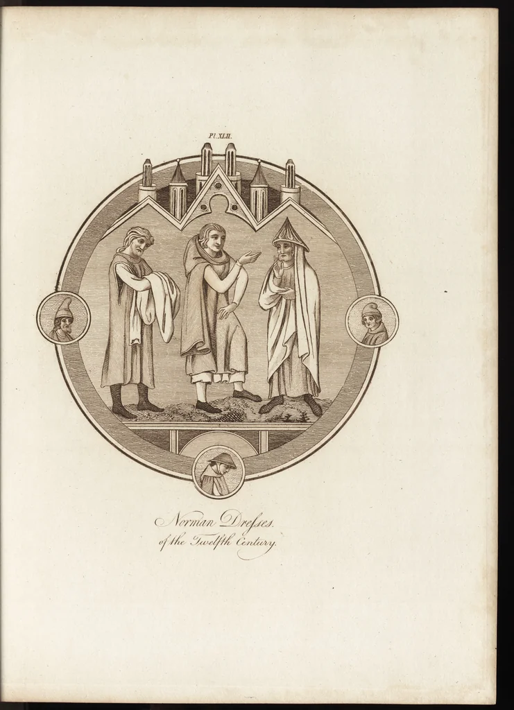 An illustration from A complete view of the dress and habits of the people of England : from the establishment of the Saxons in Britain to the present time , illustrated by engravings taken from the most authentic remains of antiquity : to which is prefixed an introduction, containing a general description of the ancient habits in use among mankind, from the earliest period of time to the conclusion of the seventh century, 1796, leaf 330