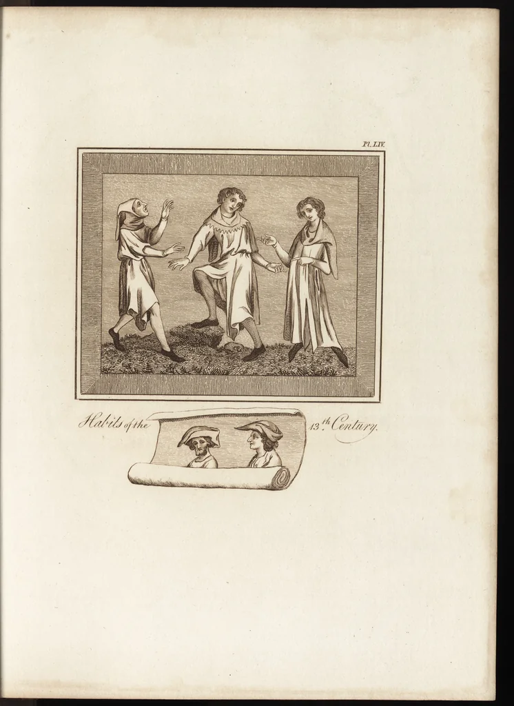 An illustration from A complete view of the dress and habits of the people of England : from the establishment of the Saxons in Britain to the present time , illustrated by engravings taken from the most authentic remains of antiquity : to which is prefixed an introduction, containing a general description of the ancient habits in use among mankind, from the earliest period of time to the conclusion of the seventh century, 1796, leaf 354