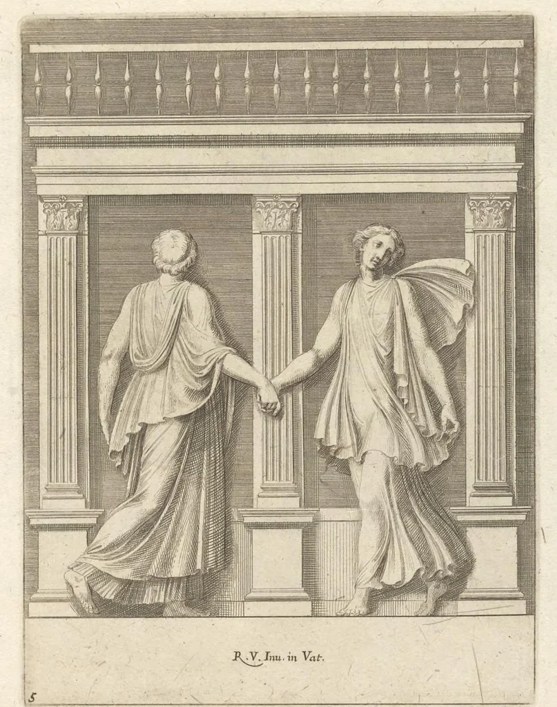 An illustration from Parerga atq[ue] ornamenta, ex Raphaelis Sanctij prototypis à Ioanne Nannio Vtinensi, in Vaticani Palatij Xystis : partim opere plastico, partim coloribus expressa ad veterum ornamentorum, et picturarum, quæ extabant in ruinis domus Imperat. Titi, elegantiam, 1675, leaf 12