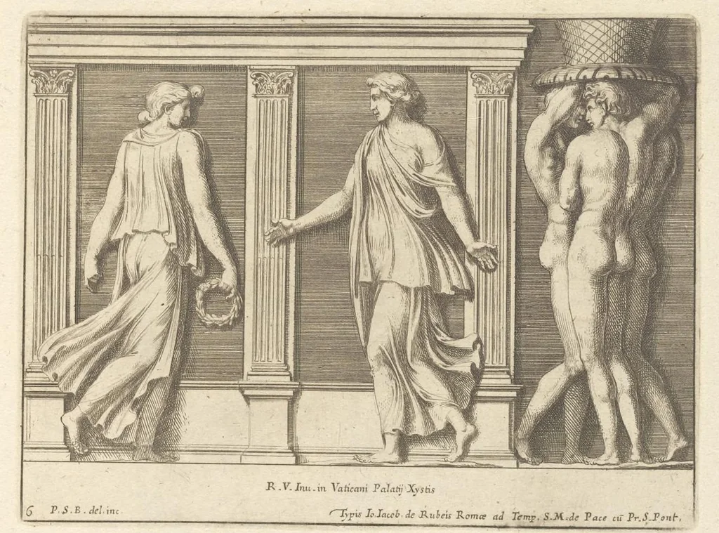 An illustration from Parerga atq[ue] ornamenta, ex Raphaelis Sanctij prototypis à Ioanne Nannio Vtinensi, in Vaticani Palatij Xystis : partim opere plastico, partim coloribus expressa ad veterum ornamentorum, et picturarum, quæ extabant in ruinis domus Imperat. Titi, elegantiam, 1675, leaf 14