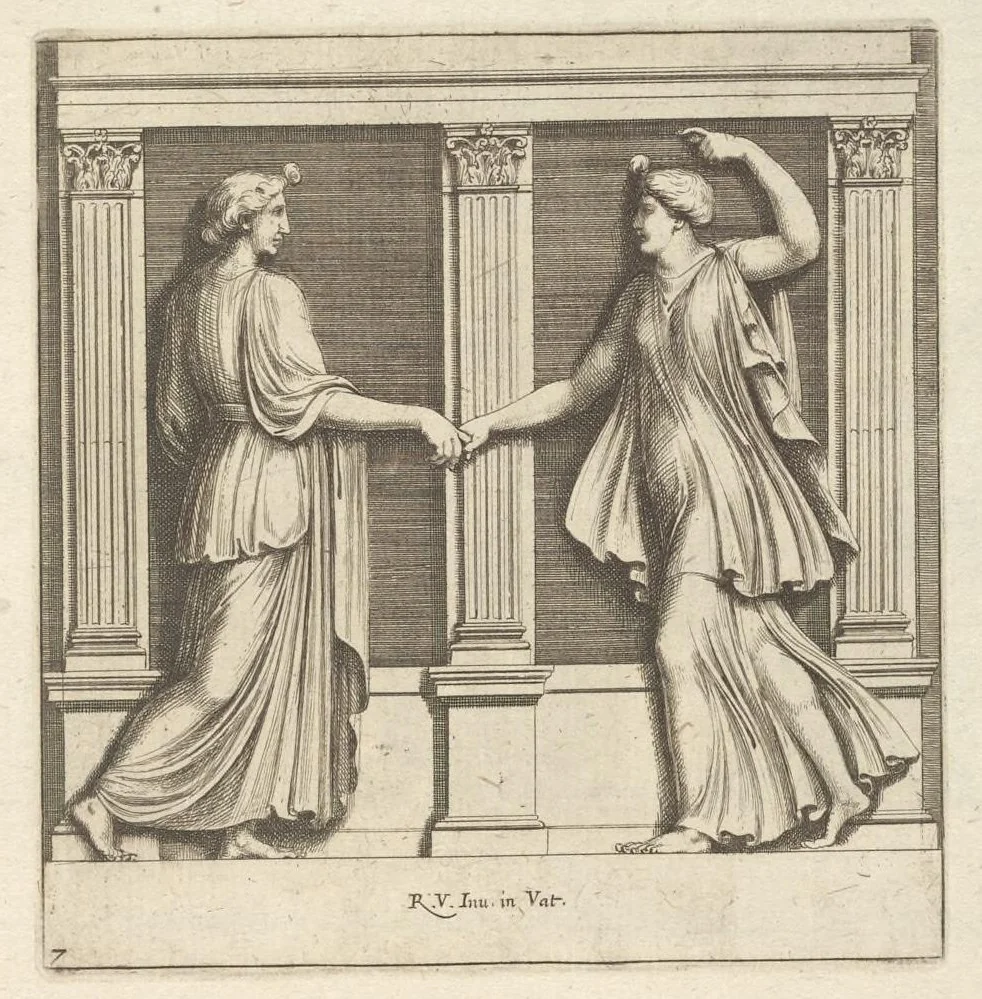 An illustration from Parerga atq[ue] ornamenta, ex Raphaelis Sanctij prototypis à Ioanne Nannio Vtinensi, in Vaticani Palatij Xystis : partim opere plastico, partim coloribus expressa ad veterum ornamentorum, et picturarum, quæ extabant in ruinis domus Imperat. Titi, elegantiam, 1675, leaf 16