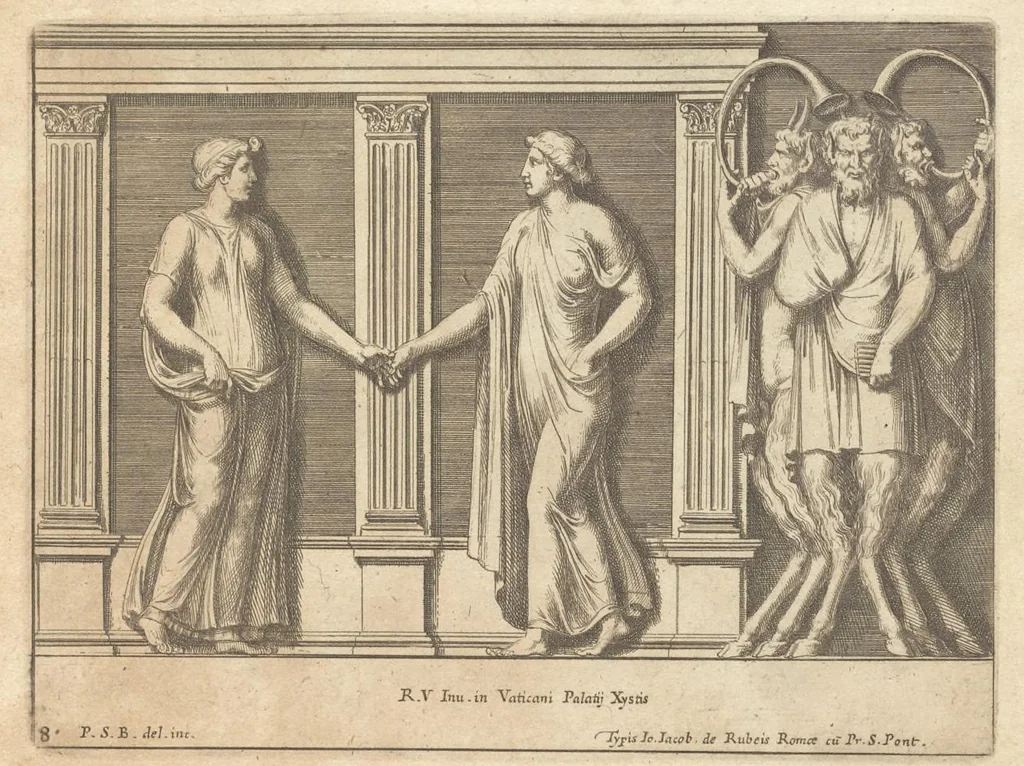 An illustration from Parerga atq[ue] ornamenta, ex Raphaelis Sanctij prototypis à Ioanne Nannio Vtinensi, in Vaticani Palatij Xystis : partim opere plastico, partim coloribus expressa ad veterum ornamentorum, et picturarum, quæ extabant in ruinis domus Imperat. Titi, elegantiam, 1675, leaf 18