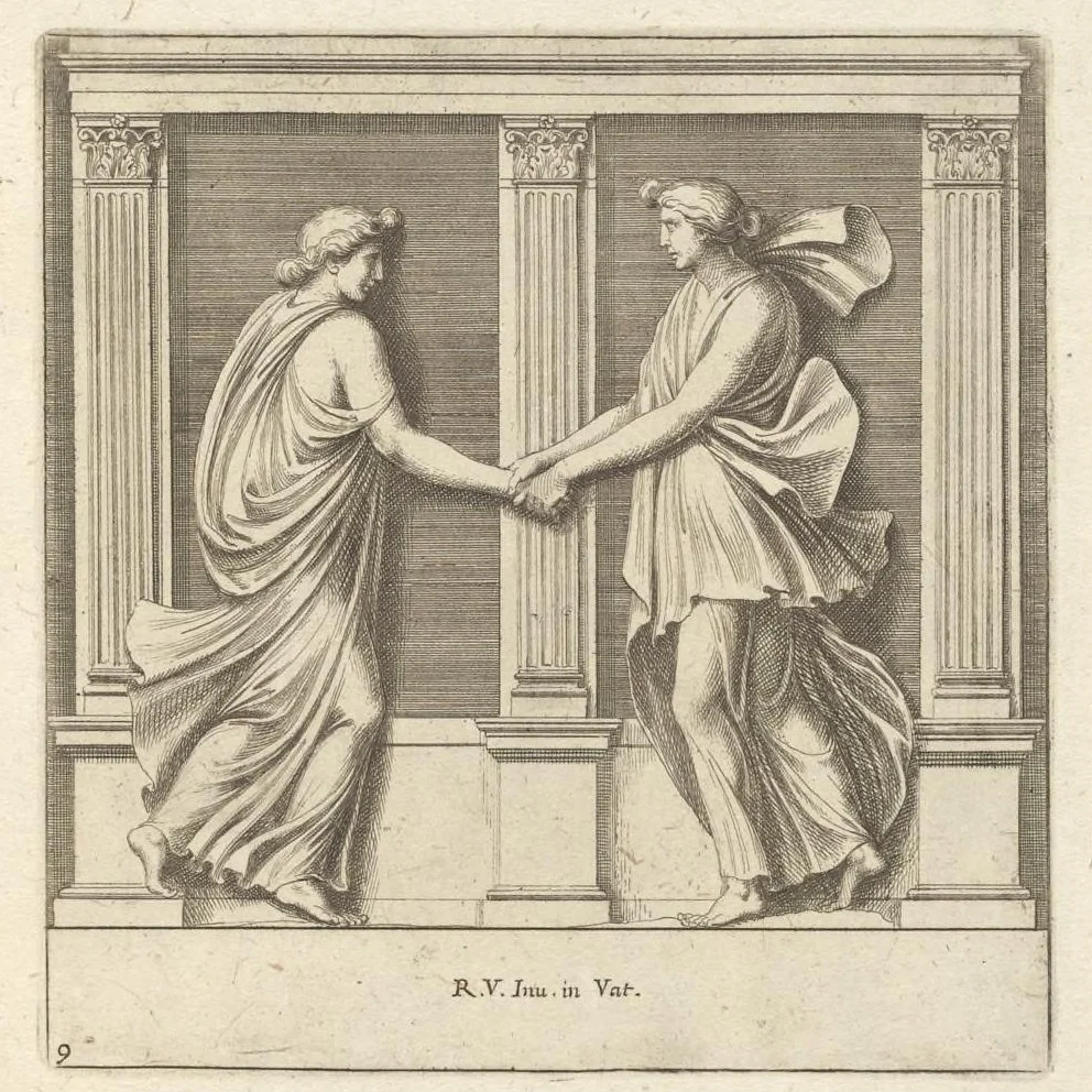 An illustration from Parerga atq[ue] ornamenta, ex Raphaelis Sanctij prototypis à Ioanne Nannio Vtinensi, in Vaticani Palatij Xystis : partim opere plastico, partim coloribus expressa ad veterum ornamentorum, et picturarum, quæ extabant in ruinis domus Imperat. Titi, elegantiam, 1675, leaf 20