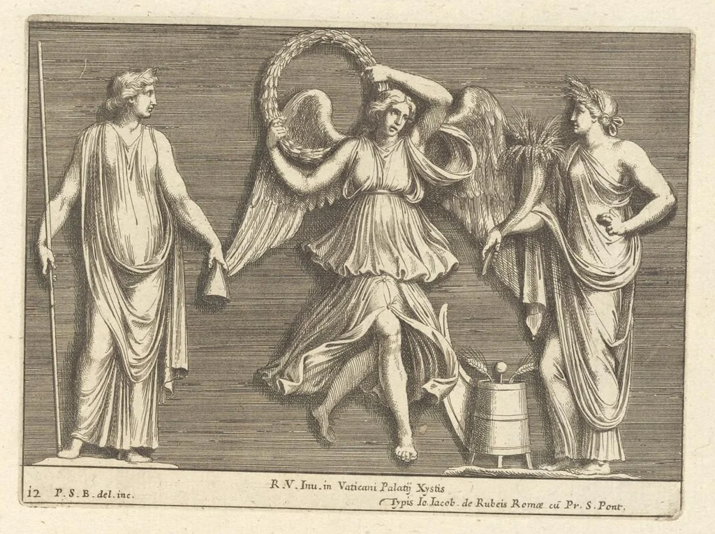 An illustration from Parerga atq[ue] ornamenta, ex Raphaelis Sanctij prototypis à Ioanne Nannio Vtinensi, in Vaticani Palatij Xystis : partim opere plastico, partim coloribus expressa ad veterum ornamentorum, et picturarum, quæ extabant in ruinis domus Imperat. Titi, elegantiam, 1675, leaf 26