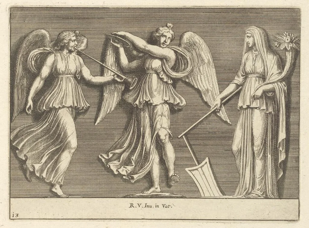 An illustration from Parerga atq[ue] ornamenta, ex Raphaelis Sanctij prototypis à Ioanne Nannio Vtinensi, in Vaticani Palatij Xystis : partim opere plastico, partim coloribus expressa ad veterum ornamentorum, et picturarum, quæ extabant in ruinis domus Imperat. Titi, elegantiam, 1675, leaf 28