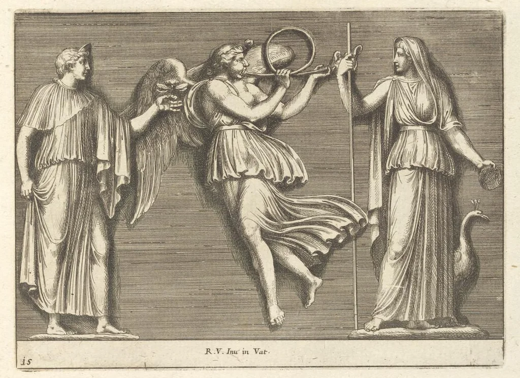 An illustration from Parerga atq[ue] ornamenta, ex Raphaelis Sanctij prototypis à Ioanne Nannio Vtinensi, in Vaticani Palatij Xystis : partim opere plastico, partim coloribus expressa ad veterum ornamentorum, et picturarum, quæ extabant in ruinis domus Imperat. Titi, elegantiam, 1675, leaf 32