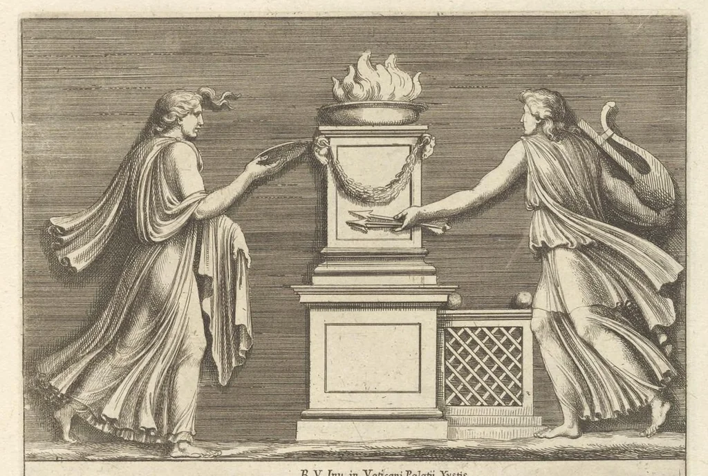 An illustration from Parerga atq[ue] ornamenta, ex Raphaelis Sanctij prototypis à Ioanne Nannio Vtinensi, in Vaticani Palatij Xystis : partim opere plastico, partim coloribus expressa ad veterum ornamentorum, et picturarum, quæ extabant in ruinis domus Imperat. Titi, elegantiam, 1675, leaf 34