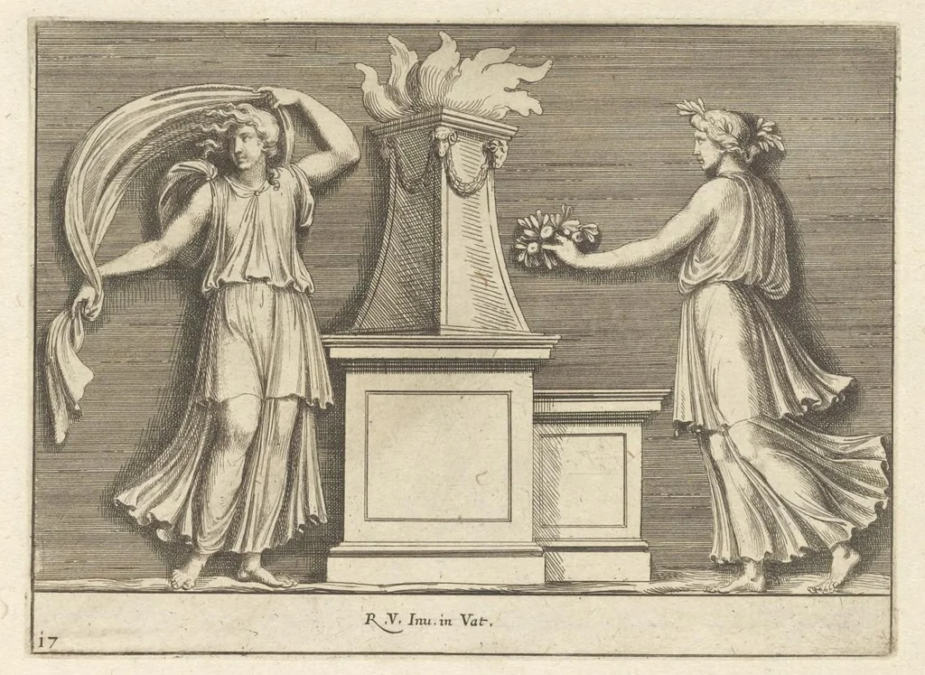 An illustration from Parerga atq[ue] ornamenta, ex Raphaelis Sanctij prototypis à Ioanne Nannio Vtinensi, in Vaticani Palatij Xystis : partim opere plastico, partim coloribus expressa ad veterum ornamentorum, et picturarum, quæ extabant in ruinis domus Imperat. Titi, elegantiam, 1675, leaf 36