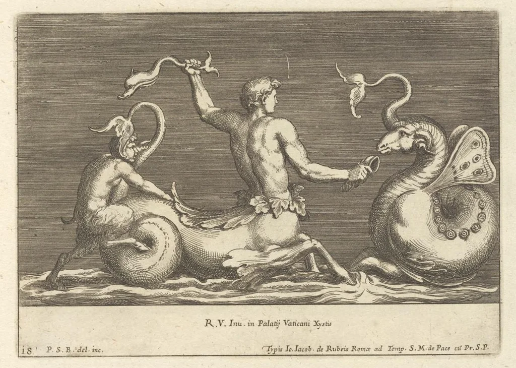 An illustration from Parerga atq[ue] ornamenta, ex Raphaelis Sanctij prototypis à Ioanne Nannio Vtinensi, in Vaticani Palatij Xystis : partim opere plastico, partim coloribus expressa ad veterum ornamentorum, et picturarum, quæ extabant in ruinis domus Imperat. Titi, elegantiam, 1675, leaf 38