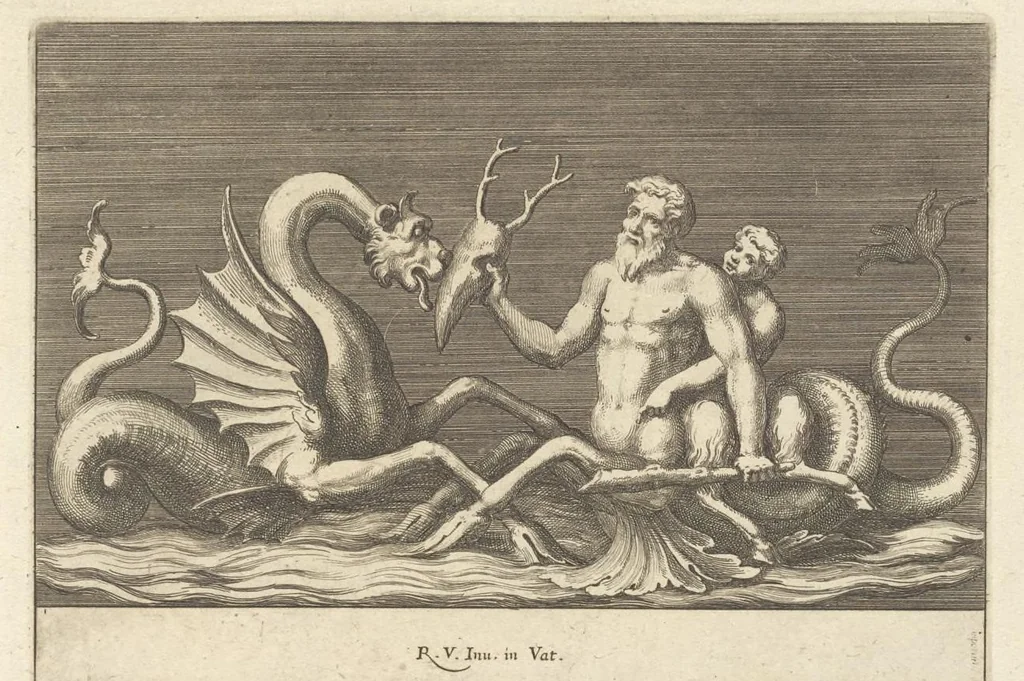 An illustration from Parerga atq[ue] ornamenta, ex Raphaelis Sanctij prototypis à Ioanne Nannio Vtinensi, in Vaticani Palatij Xystis : partim opere plastico, partim coloribus expressa ad veterum ornamentorum, et picturarum, quæ extabant in ruinis domus Imperat. Titi, elegantiam, 1675, leaf 40