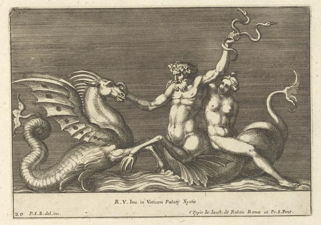 An illustration from Parerga atq[ue] ornamenta, ex Raphaelis Sanctij prototypis à Ioanne Nannio Vtinensi, in Vaticani Palatij Xystis : partim opere plastico, partim coloribus expressa ad veterum ornamentorum, et picturarum, quæ extabant in ruinis domus Imperat. Titi, elegantiam, 1675, leaf 42